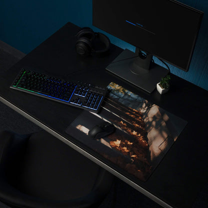 Urban Dusk autumn forest gaming mouse pad with warm leaves, non-slip base