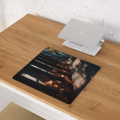 Black rectangular gaming mouse pad with autumn leaves and wooden planks