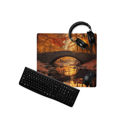 Large Autumn Forest Bridge gaming mouse pad with black keyboard and mouse