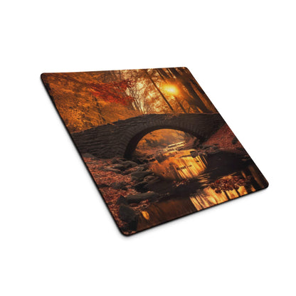 Large gaming mouse pad with autumn bridge sunset scene, non-slip stitched edges