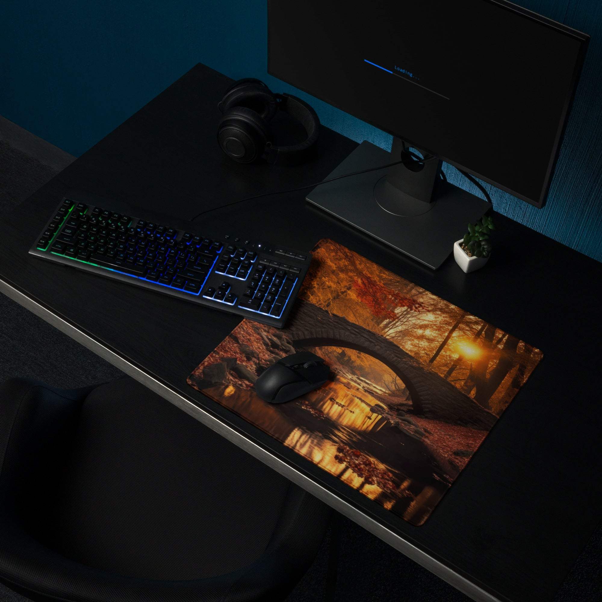 Large Autumn Forest Bridge Golden Sunset Gaming Mouse Pad