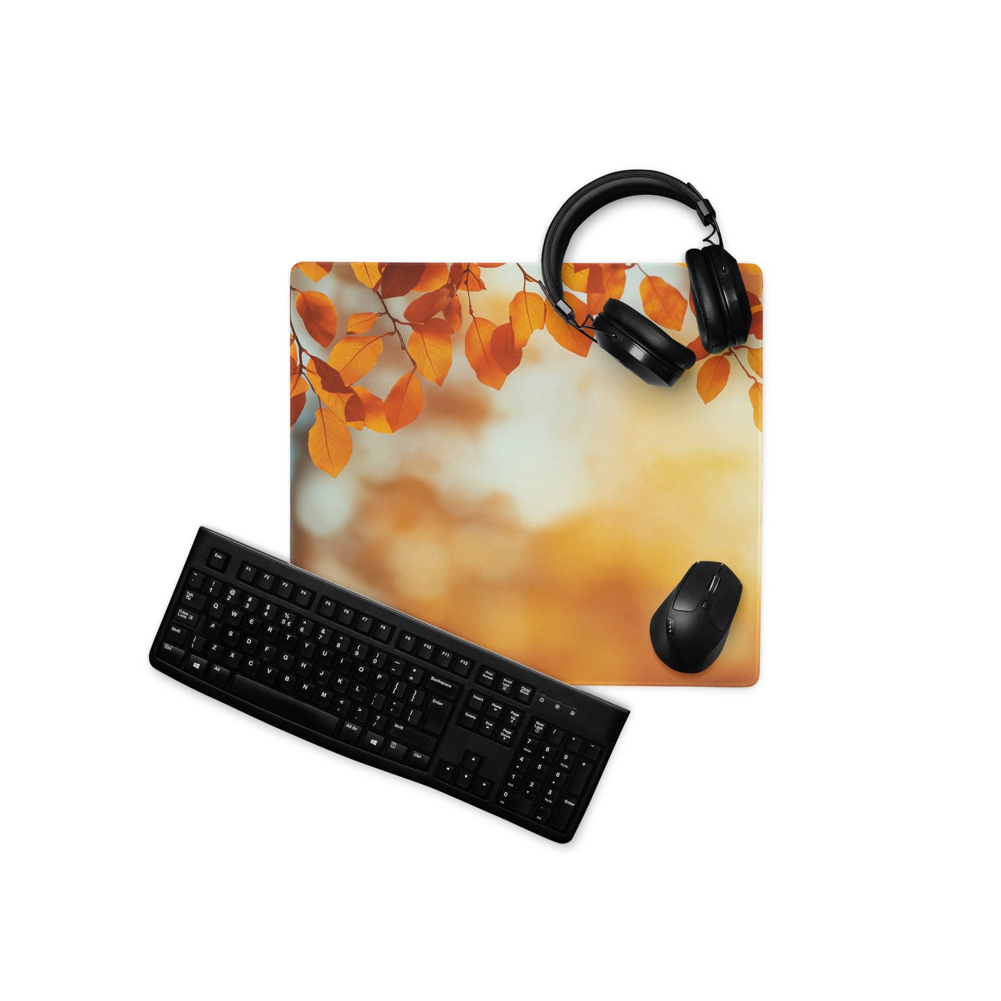 Autumn leaves orange yellow gaming mouse pad with black keyboard mouse