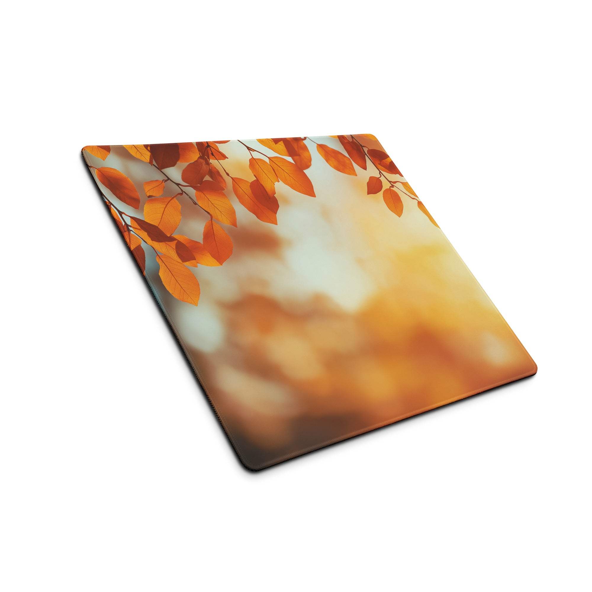 Square autumn leaves mousepad with orange sunset design, non-slip stitched edges
