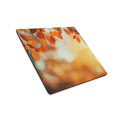 Square autumn leaves mousepad with orange sunset design, non-slip stitched edges
