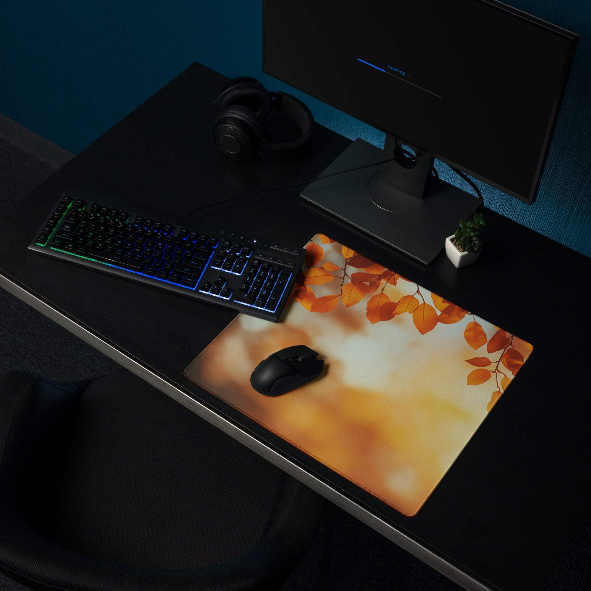 Large Autumn Leaves Gaming Mouse Pad in Warm Orange Sunset Tones