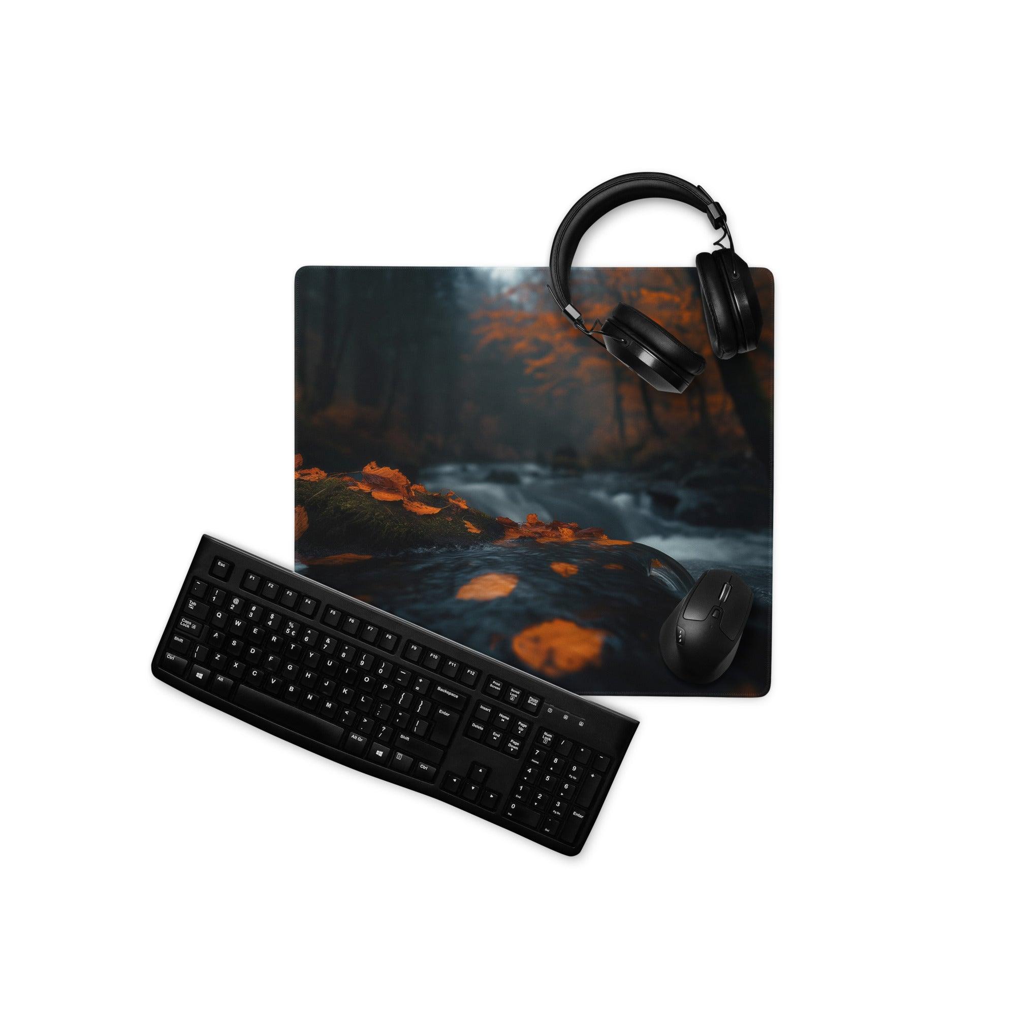Black keyboard and mouse on Moody Forest Night gaming mousepad with autumn stream