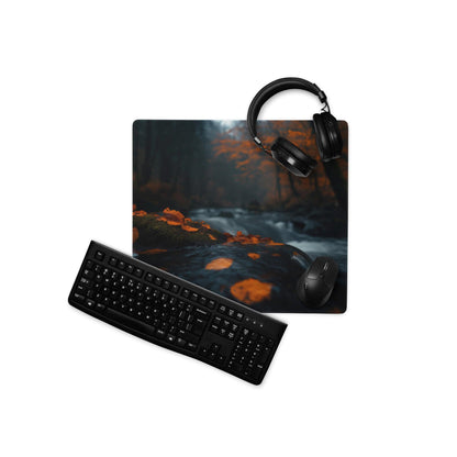 Black keyboard and mouse on Moody Forest Night gaming mousepad with autumn stream