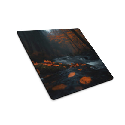 Moody forest night gaming mouse pad with glowing autumn leaves on water