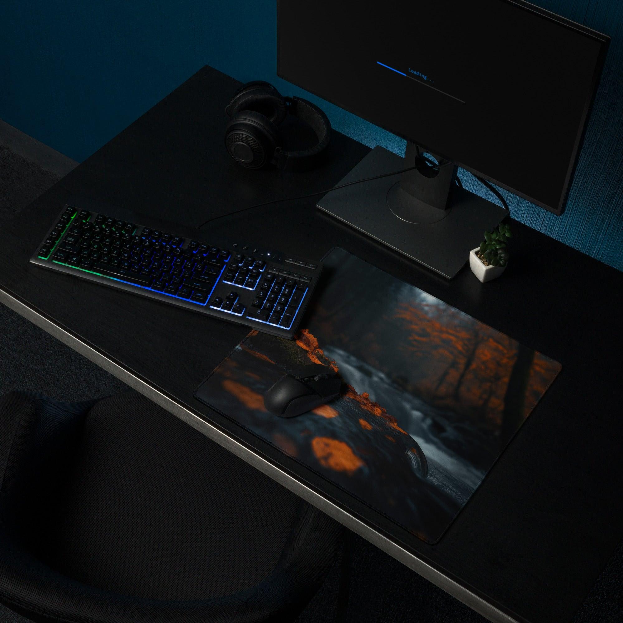 Moody Forest Night gaming mouse pad with fiery orange design, large stitched surface