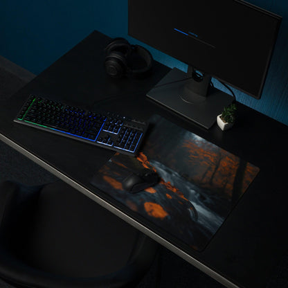Moody Forest Night gaming mouse pad with fiery orange design, large stitched surface