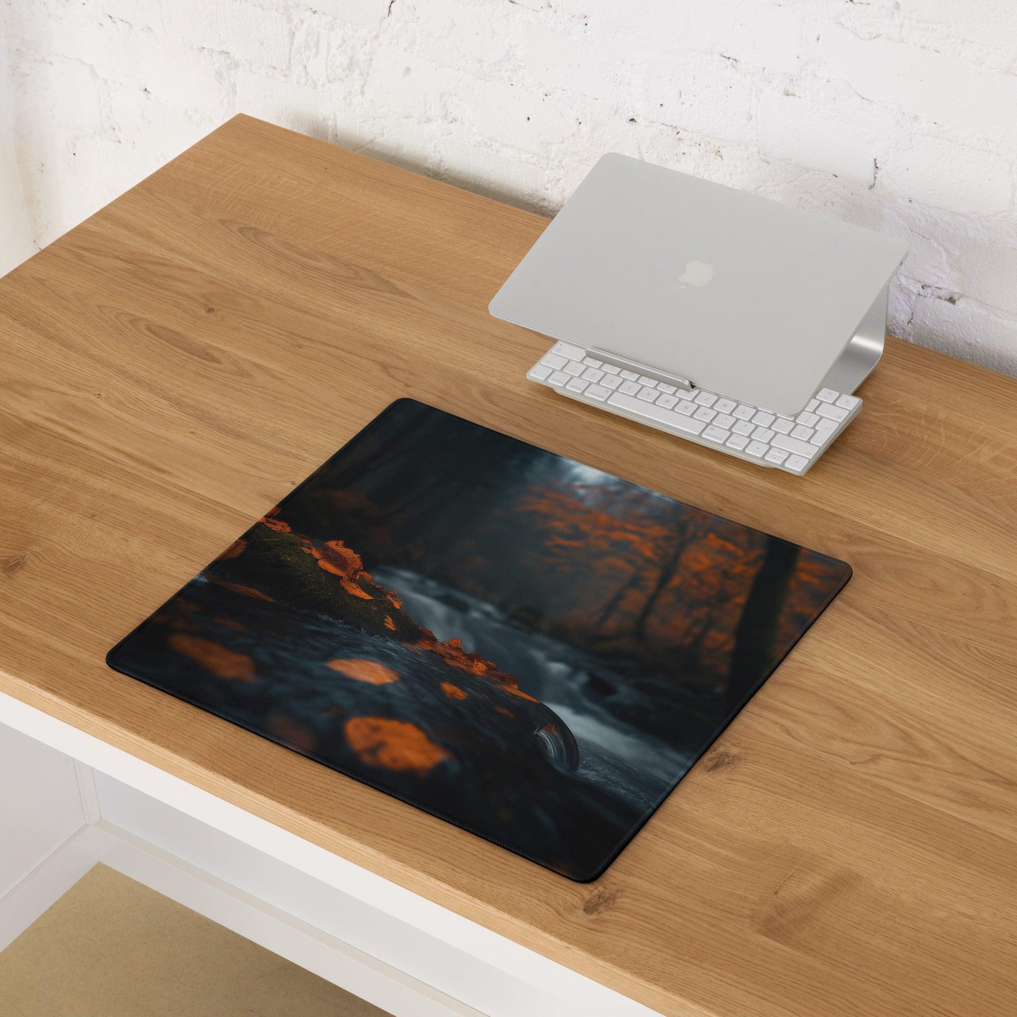 Black moody forest night gaming mouse pad with autumn scene on desk