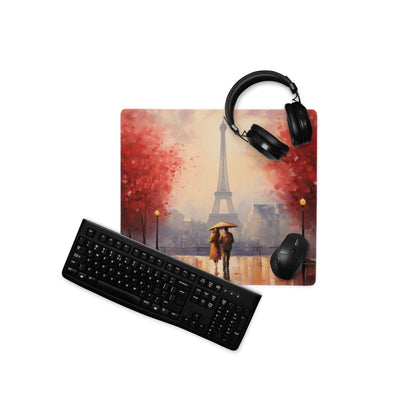 Autumn red Paris Eiffel Tower gaming mouse pad with headphones