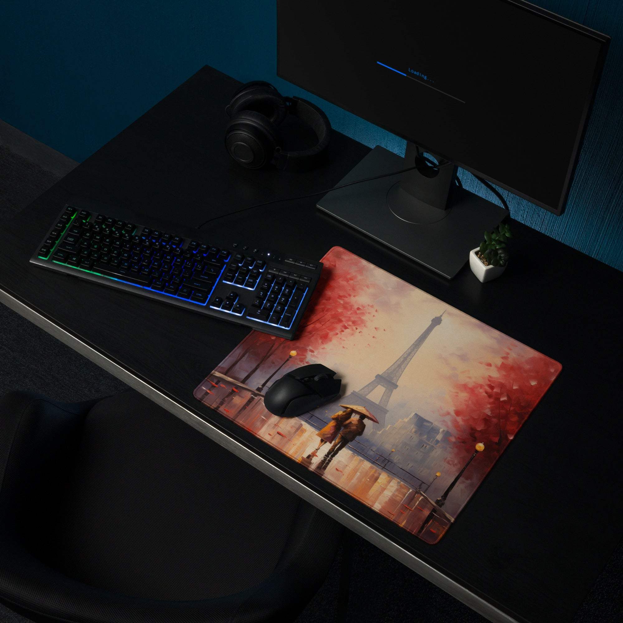 Autumn Red Paris Eiffel Tower gaming mouse pad with figures under umbrella