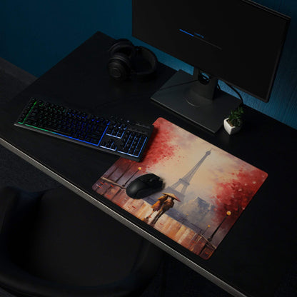 Autumn Red Paris Eiffel Tower gaming mouse pad with figures under umbrella