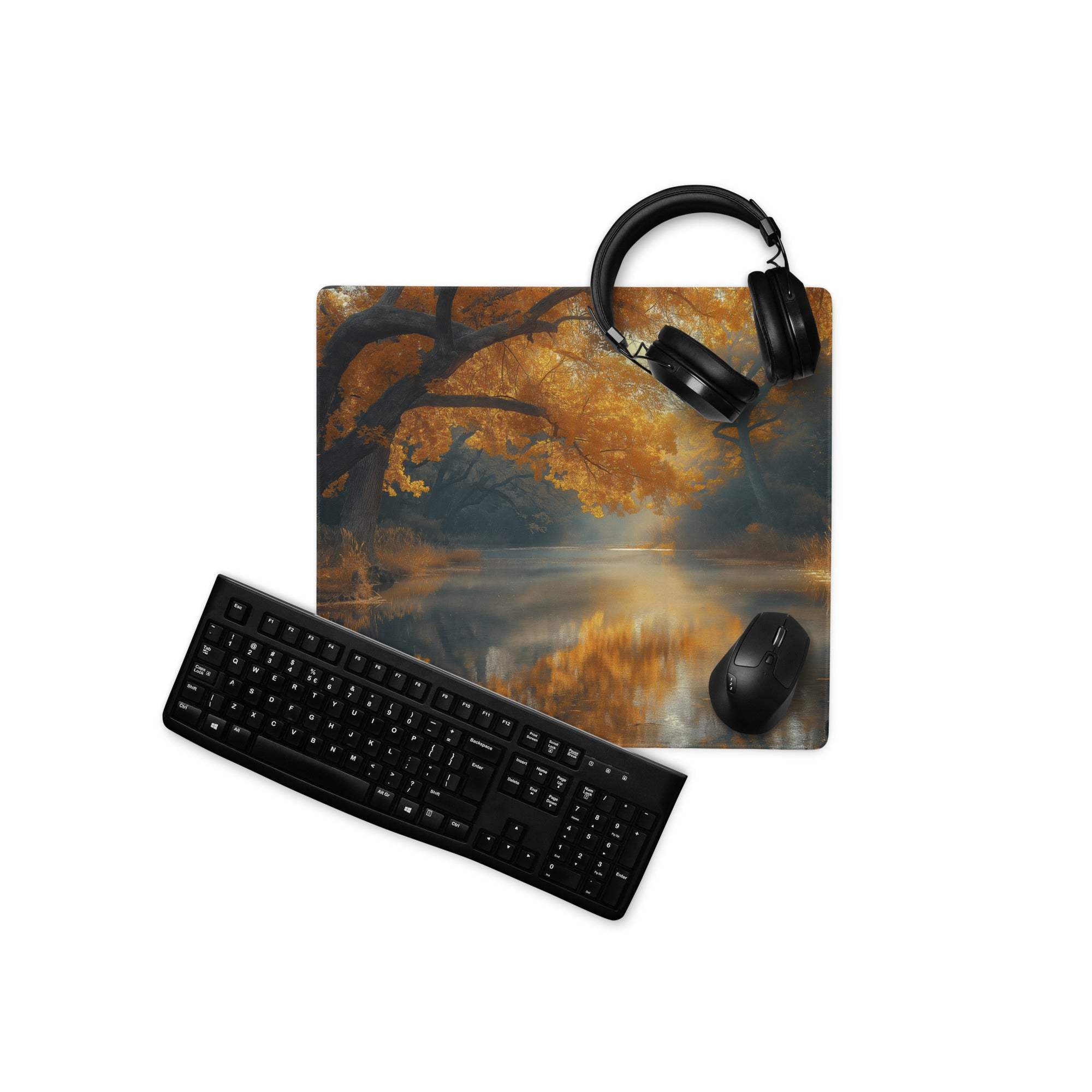 Large Autumn Forest Riverside gaming mouse pad with golden leaves, reflective water, non-slip base