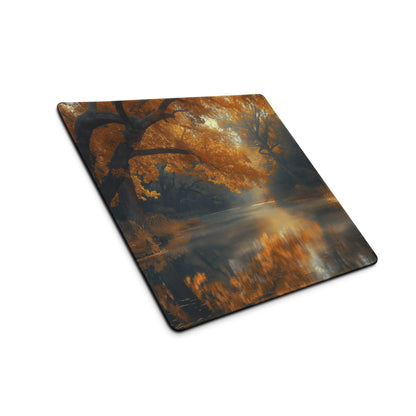 Large Autumn Forest Riverside gaming mouse pad with golden leaves reflection