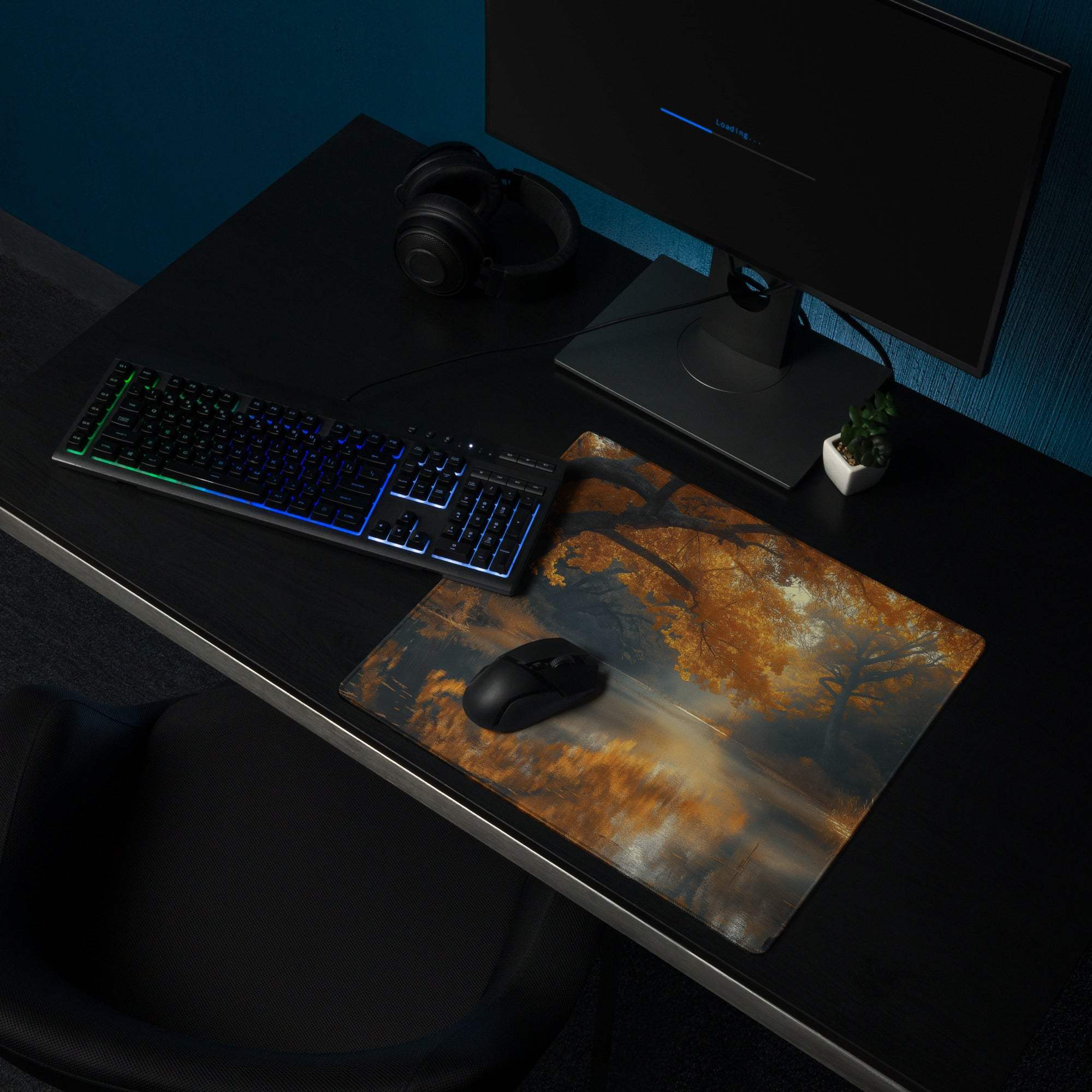 Autumn Forest Riverside gaming mouse pad with warm glow leaves