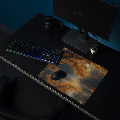 Autumn Forest Riverside gaming mouse pad with warm glow leaves