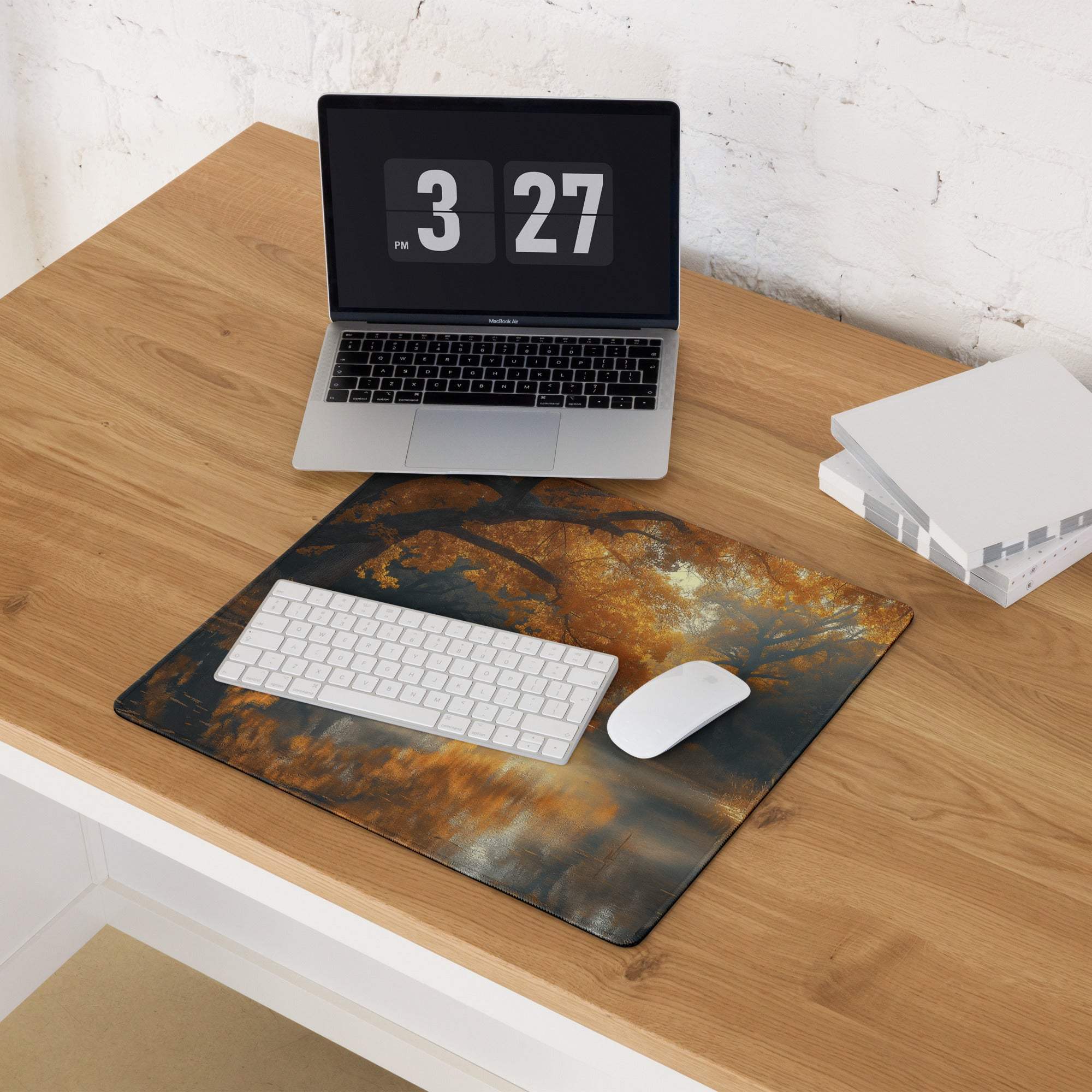 Autumn Forest Riverside gaming mouse pad with warm glow trees