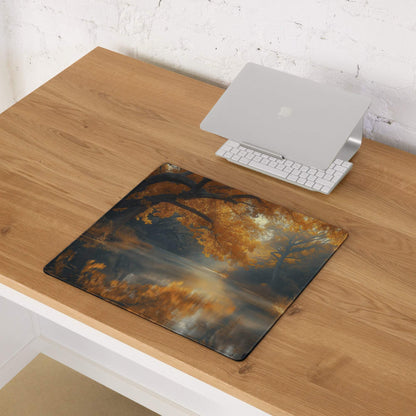 Large Autumn Forest Riverside gaming mouse pad with golden leaves, non-slip base