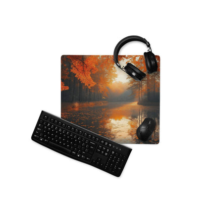 Black matte finish keyboard on Autumn Forest Warmth gaming mouse pad