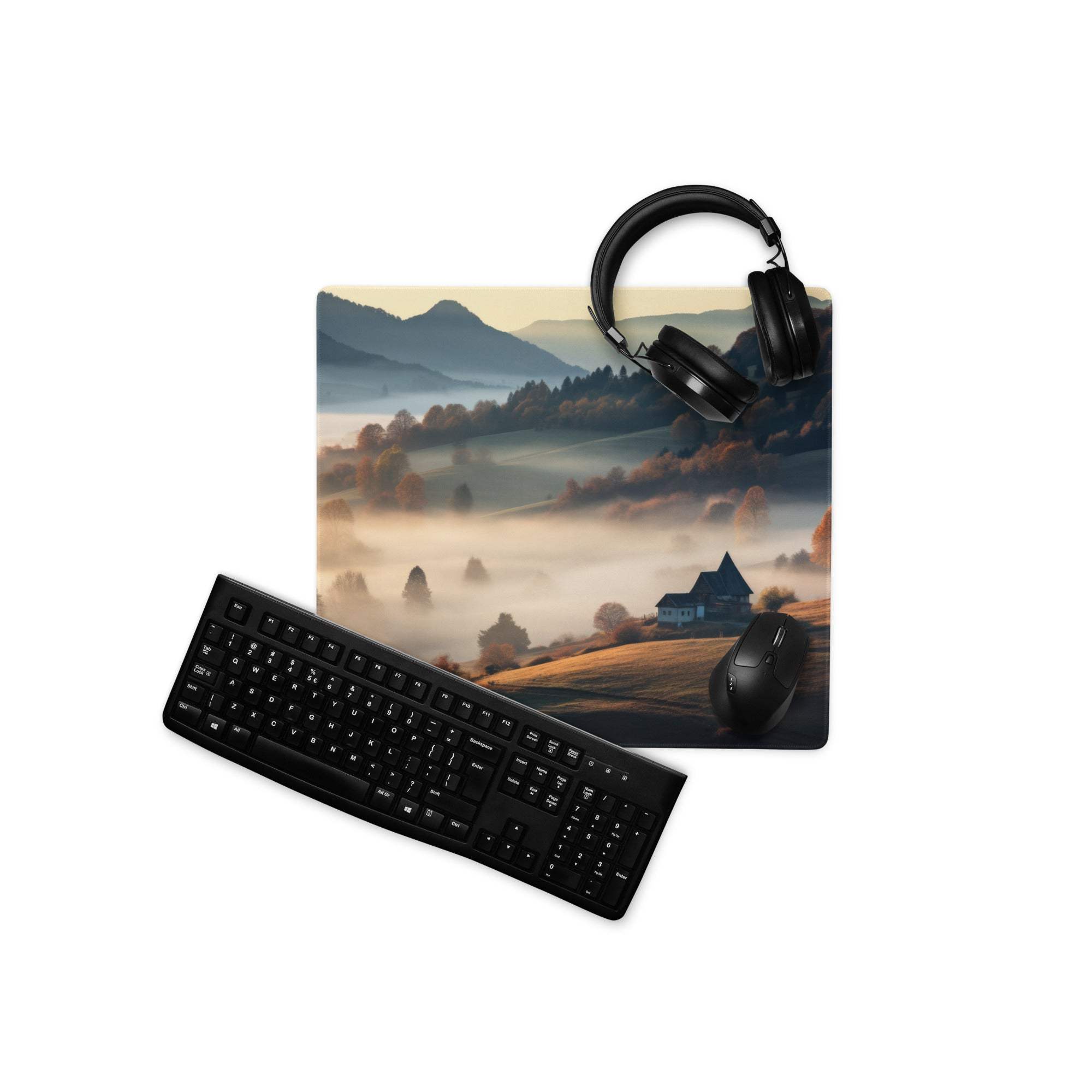 Epic Landscape Warm Mist gaming mousepad with black keyboard and mouse