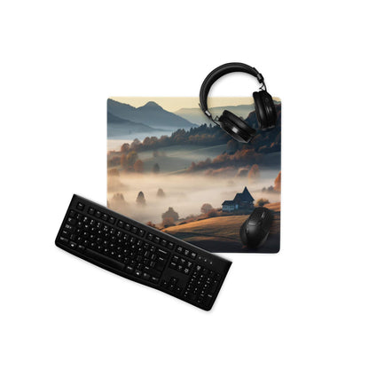 Epic Landscape Warm Mist gaming mousepad with black keyboard and mouse