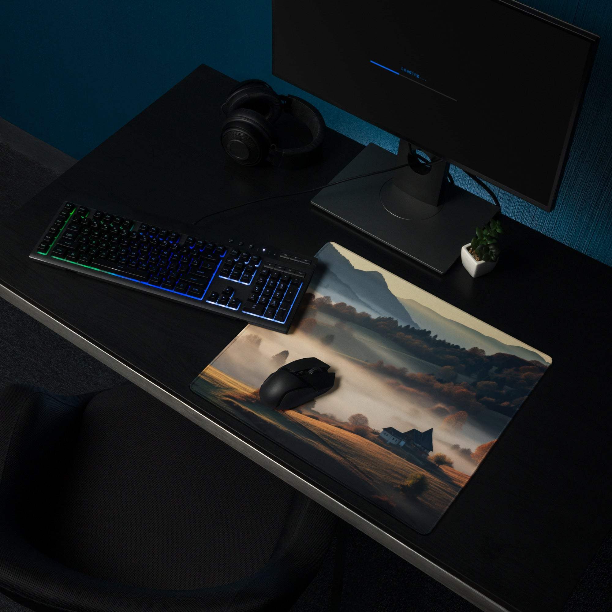 Epic Landscape Warm Mist gaming mouse pad with misty mountains and fields