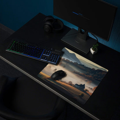 Epic Landscape Warm Mist gaming mouse pad with misty mountains and fields