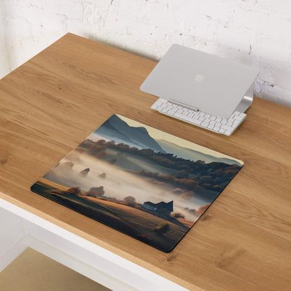 Large Epic Landscape Warm Mist gaming mouse pad with misty mountains, edge stitching, non-slip backing
