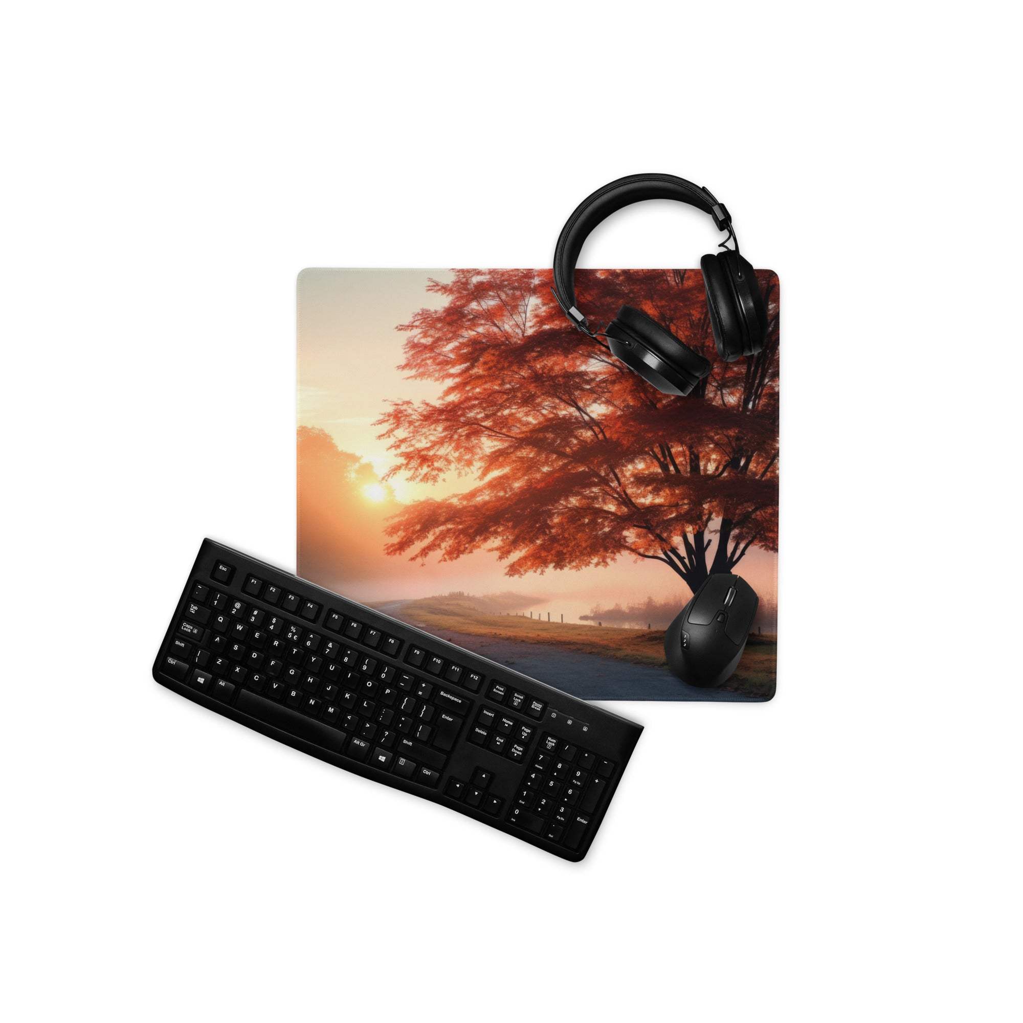 Scenic autumn sunrise tree gaming mouse pad with warm amber glow