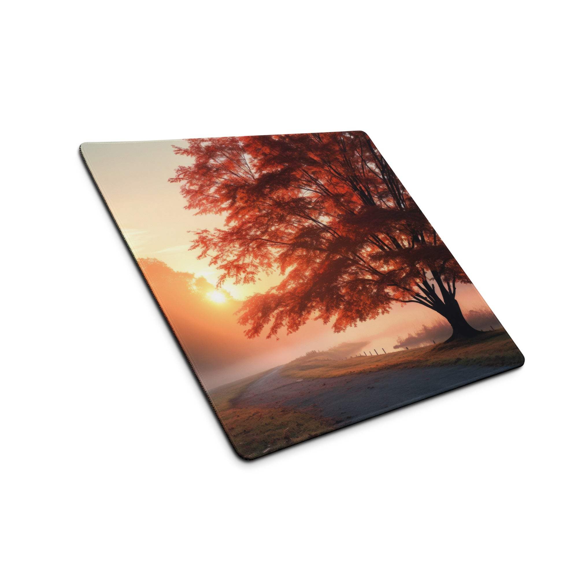 Scenic autumn sunrise tree gaming mouse pad with red leaves and warm glow