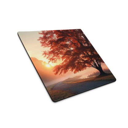 Scenic autumn sunrise tree gaming mouse pad with red leaves and warm glow