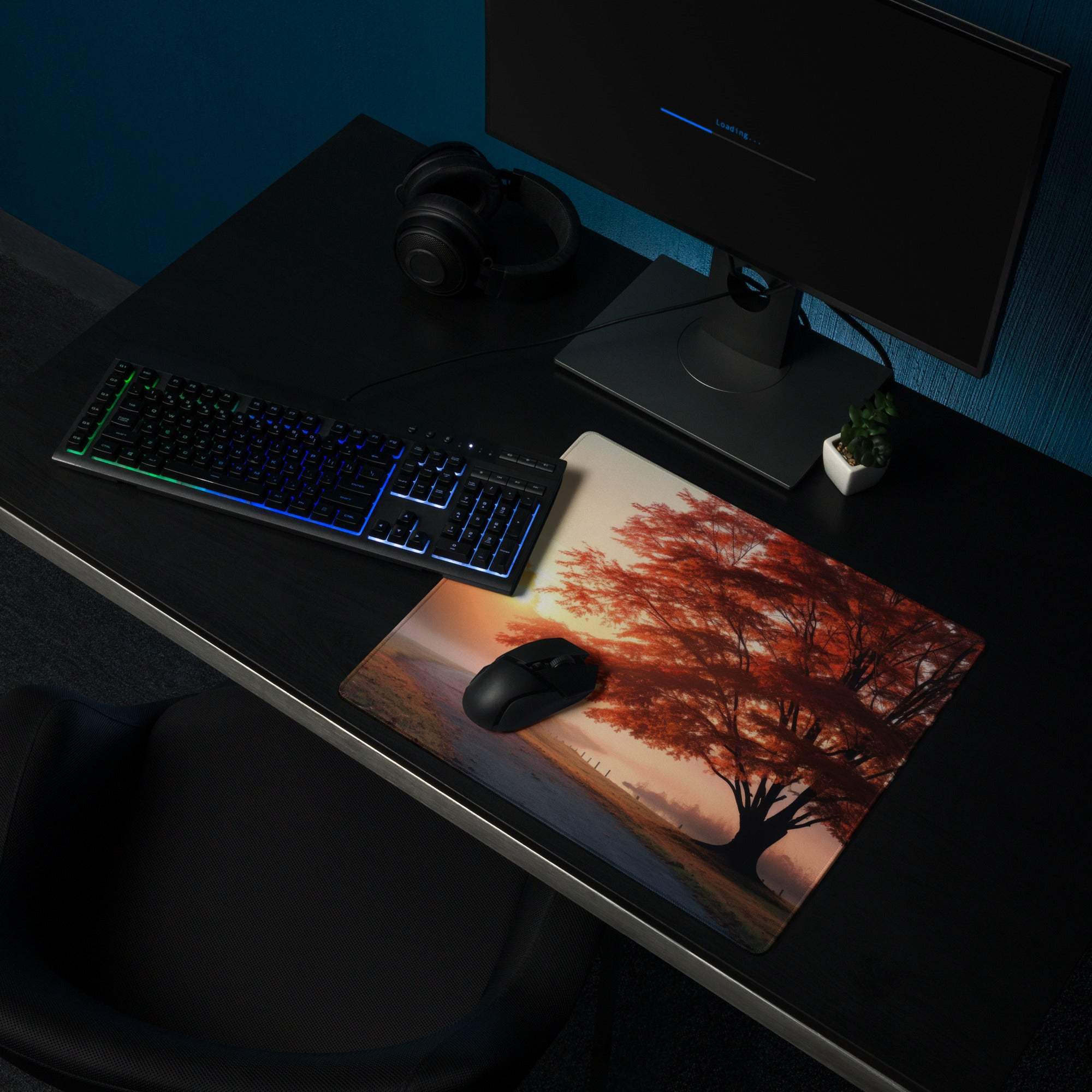 Scenic autumn sunrise tree gaming mouse pad with red orange leaves