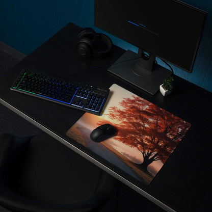 Scenic autumn sunrise tree gaming mouse pad with red orange leaves