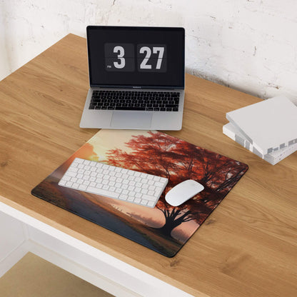 Scenic autumn sunrise tree gaming mouse pad in warm amber glow