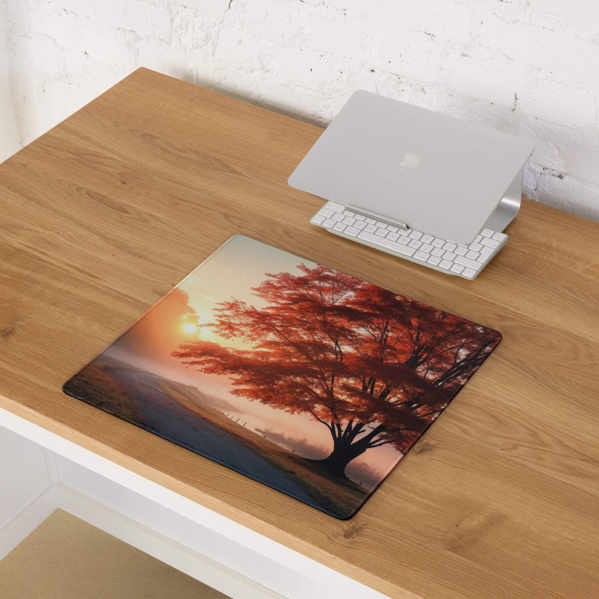 Scenic autumn sunrise tree gaming mouse pad in warm amber glow