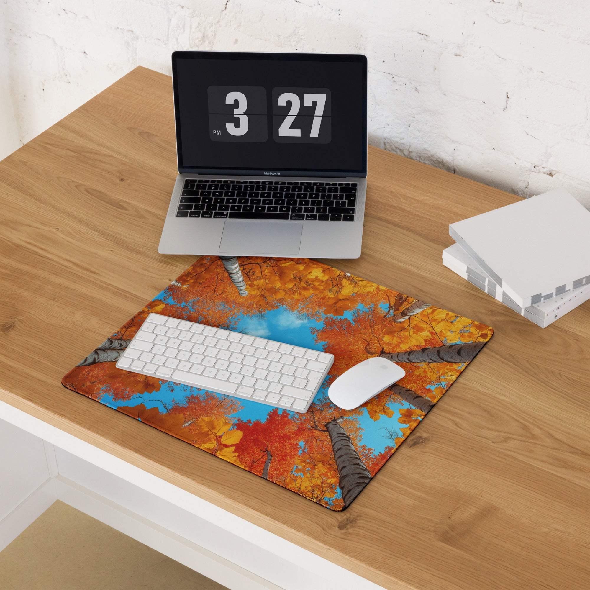 Large autumn forest gaming mouse pad with orange leaves, blue sky, non-slip backing