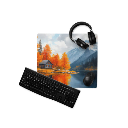Autumn Lake Cabin gaming mouse pad with scenic orange trees, lake reflection, mountains, large size, non-slip backing