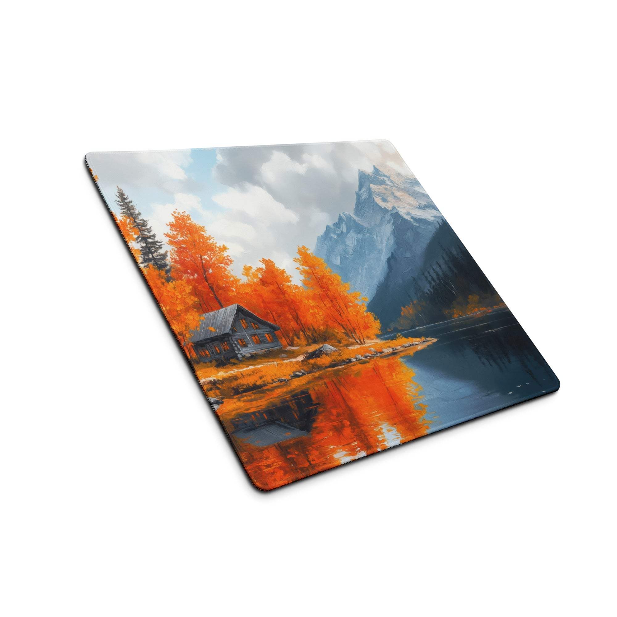 Autumn lake cabin gaming mouse pad with orange trees, cabin, lake, mountains