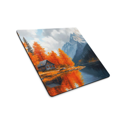 Autumn lake cabin gaming mouse pad with orange trees, cabin, lake, mountains