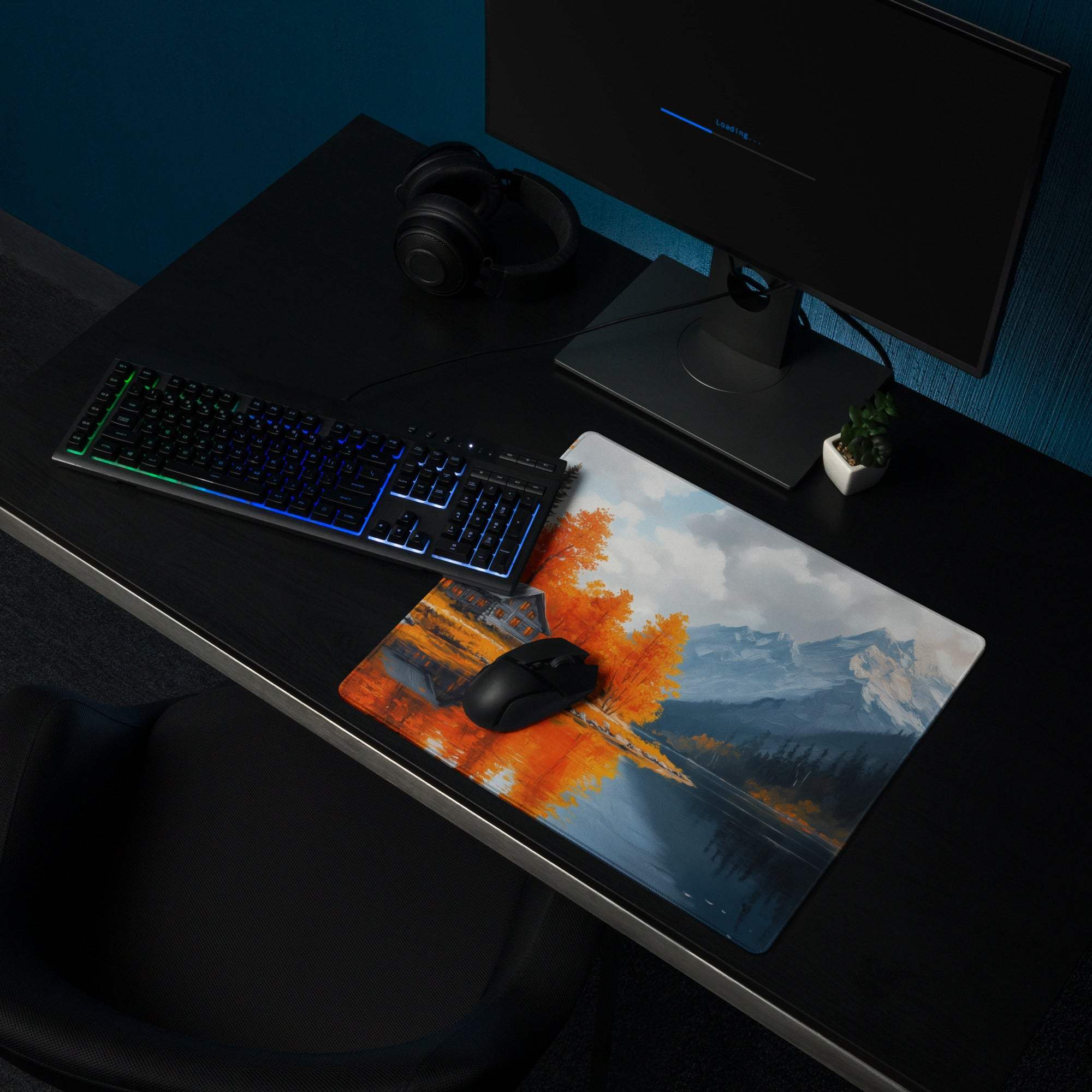 Autumn Lake Cabin gaming mouse pad with orange trees, lake, mountains