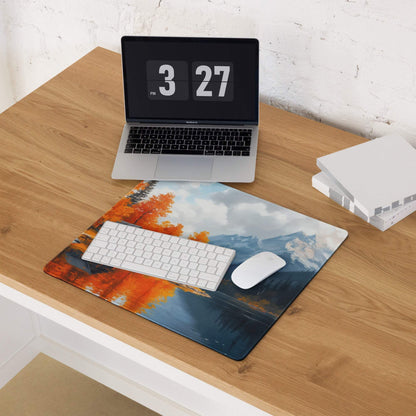 Autumn Lake Cabin gaming mouse pad with scenic orange trees, blue mountains, clouds