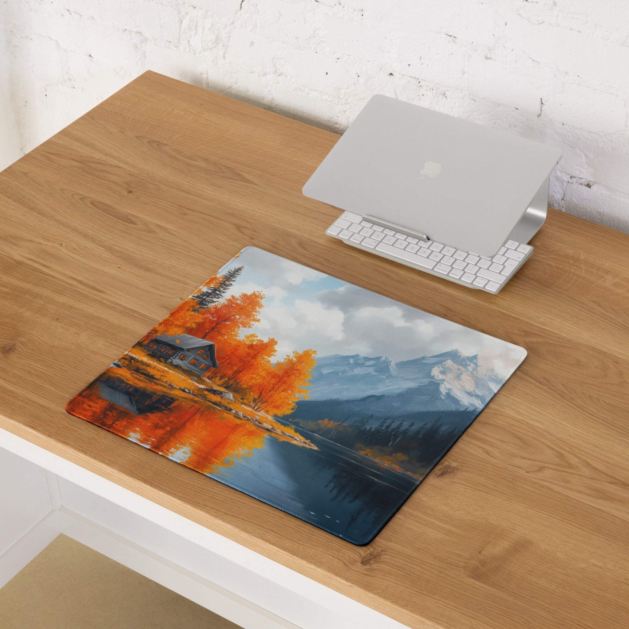 Autumn Lake Cabin gaming mouse pad with vibrant orange trees, lake reflection, mountains, non-slip backing