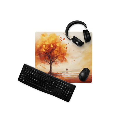 Artistic autumn tree gaming mouse pad with orange leaves and non-slip backing