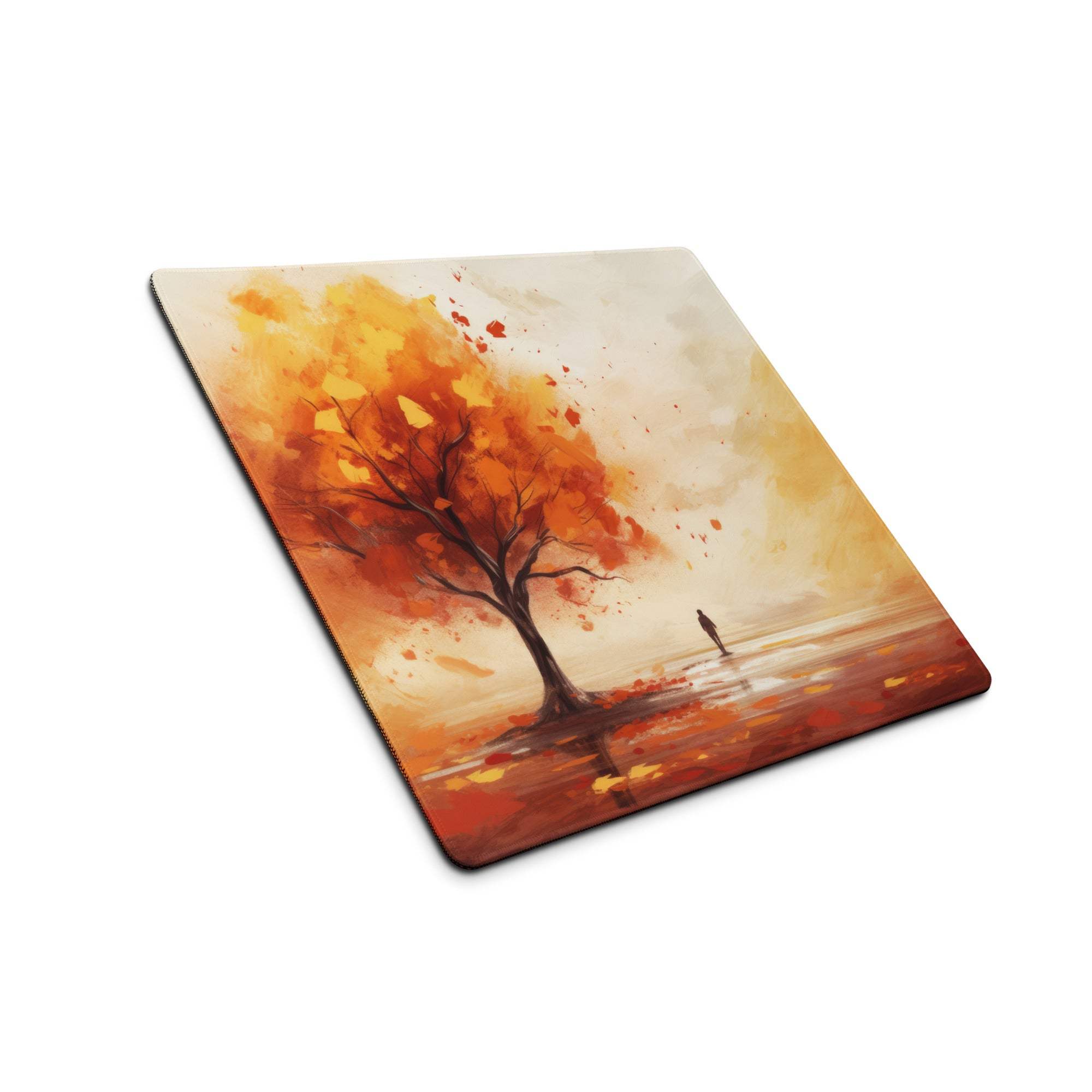 Square autumn tree mousepad with orange leaves, non-slip backing