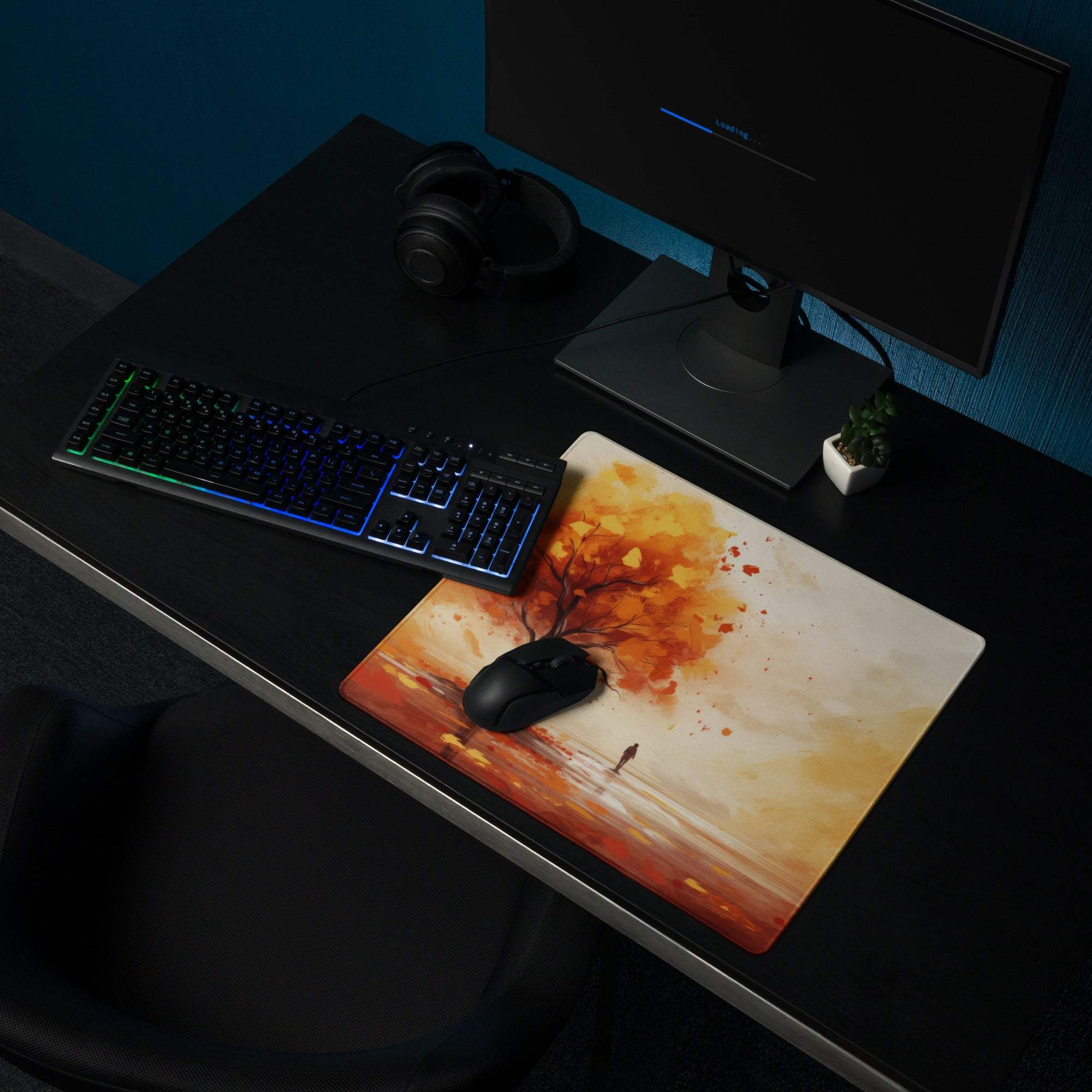 Artistic autumn tree landscape gaming mouse pad with watercolor orange leaves