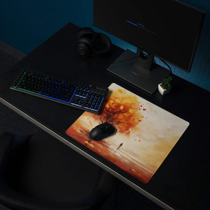 Artistic autumn tree landscape gaming mouse pad with watercolor orange leaves