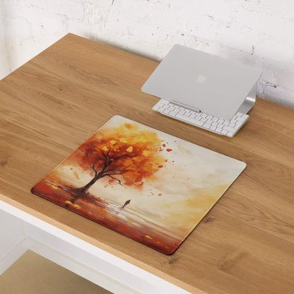 Artistic autumn tree watercolor gaming mouse pad, orange leaves, non-slip backing