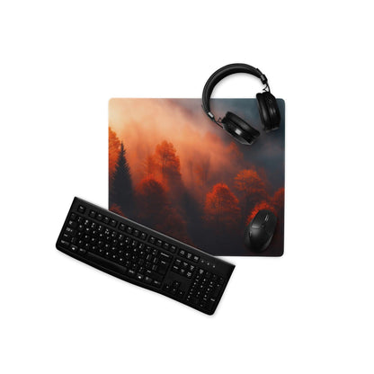 Premium large forest sunrise gaming mouse pad with vivid orange red forest scene